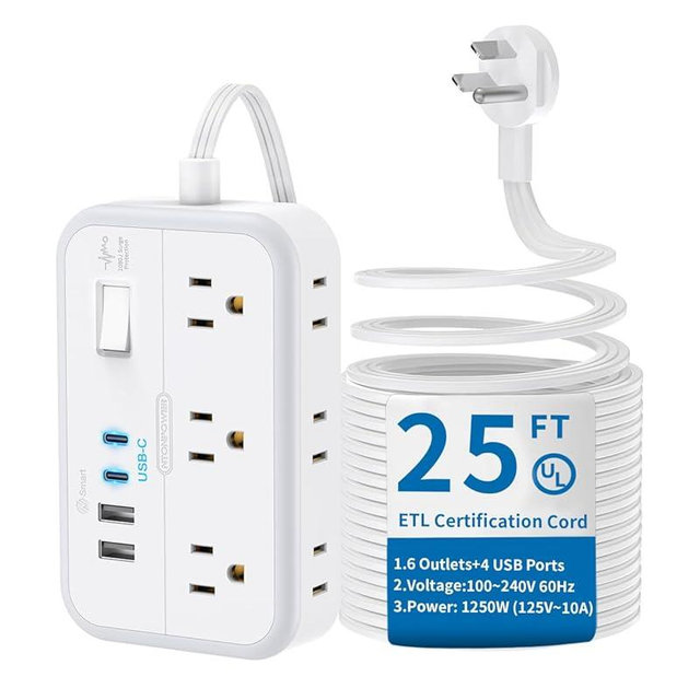 Flat Extension Cord 25 ft, NTONPOWER Surge Protector Power Strip with 6 Outlets 4 USB Ports(2 USB C),Flat Plug, Multiple Outlets, Mounted, Outlet Extender, Overload Protection for Indoor, Home, Office