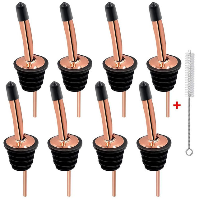 Liquor Bottle Pourers - 8 Pack Stainless Steel Classic Bottle Pourers with Clean Brush, Rustproof Metal Alcohol Pouring Tubes For Bars, Clubs, Restaurants & Home Use (Copper)