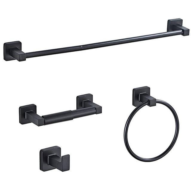 Matte Black Bathroom Hardware Set 4 Pieces,Bathroom Accessories Set Stainless Steel Wall Mounted, Hand Towel Bar, Towel Ring, Robe Towel Hooks,Toilet Paper Holder,Towel Bar Set, 23.6 Inch