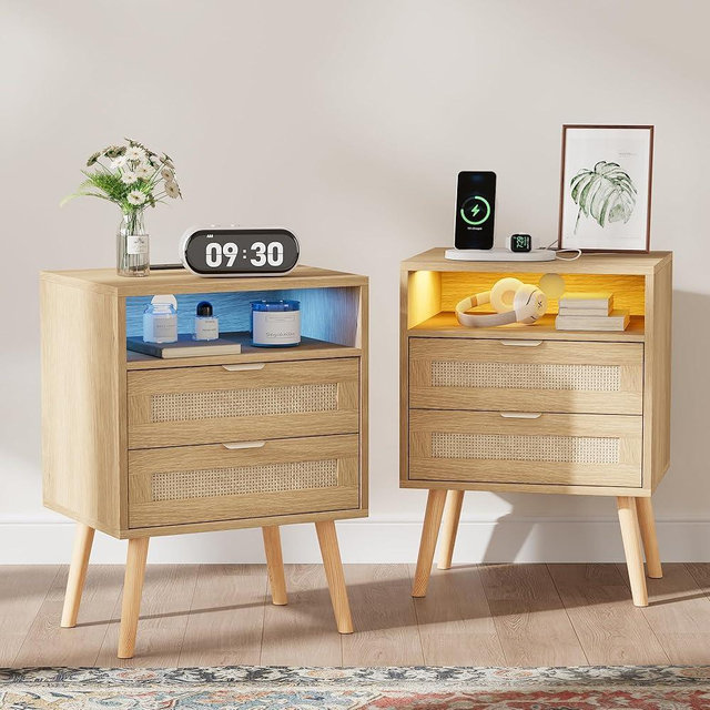 Rattan Nightstands Set of 2 with Charging Station & Led Lights, Boho End Table with 2 Storage Drawers and Open Storage, Rattan Night Stand Set 2, Bedside Table for Living Room/Bedroom, Natural Oak