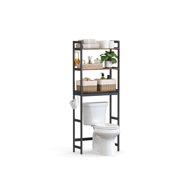 SONGMICS Over-The-Toilet Storage, 3-Tier Bathroom Organizer Over Toilet with Adjustable Shelves,Toilet Paper Holder, Rustic Brown and Ink Black