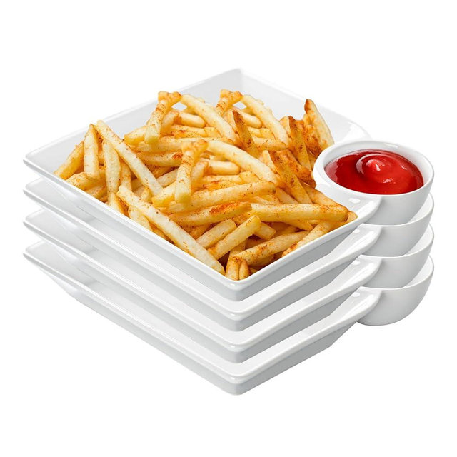 KOBIKOBI Chip and Dip Serving Platter Set, 8 Inch Ceramic Divided Snack Plates Set, Sushi Plates with Sauce Section, Perfect for Chip & Dip, Dumpling, Appetizer, Taco, Sushi, Fried Chicken, Set of 4