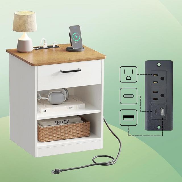ODIKA Everyday Side Table with Fast Charging Station - USB C Cable Fast Charging, Wooden Brown White Nightstand Bedside Table with Drawer, End Table with Optional Adjustable Shelf for Bedroom Set of 1