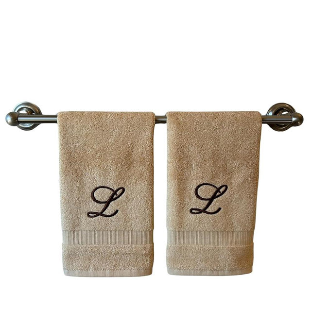 Beige Monogrammed Hand Towels for Bathroom - Luxury Hotel Quality Personalized Initial Embroidered Towel for Powder Room, Spa - GOTS Organic Certified - Set of 2 Brown Letter L