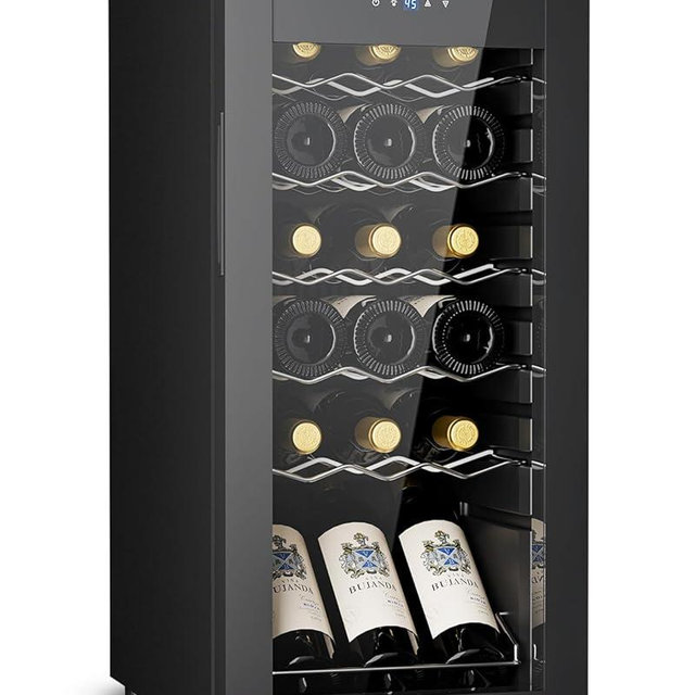 Feelfunn 18 Bottle Wine Cooler Refrigerator - Small Wine Fridge for Red, White, Champagne, Freestanding Wine Cellar with Glass Door & Digital Temperature Control for Home Bar, Office