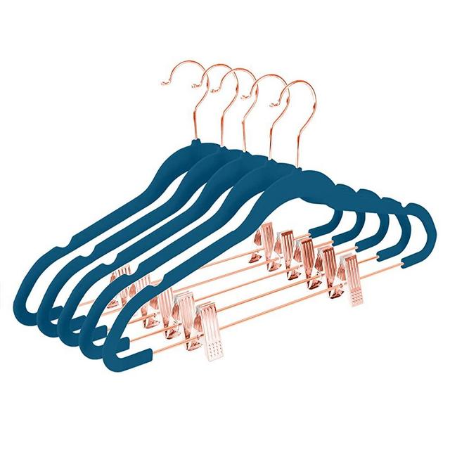 MIZGI Premium Velvet Pants Hangers with Clips (Pack of 20) Slim Skirt Hangers- Non Slip Felt Outfit Dress Hangers Dark Blue - Copper/Rose Gold Hooks,Space Saving Shirt Clothes Hangers