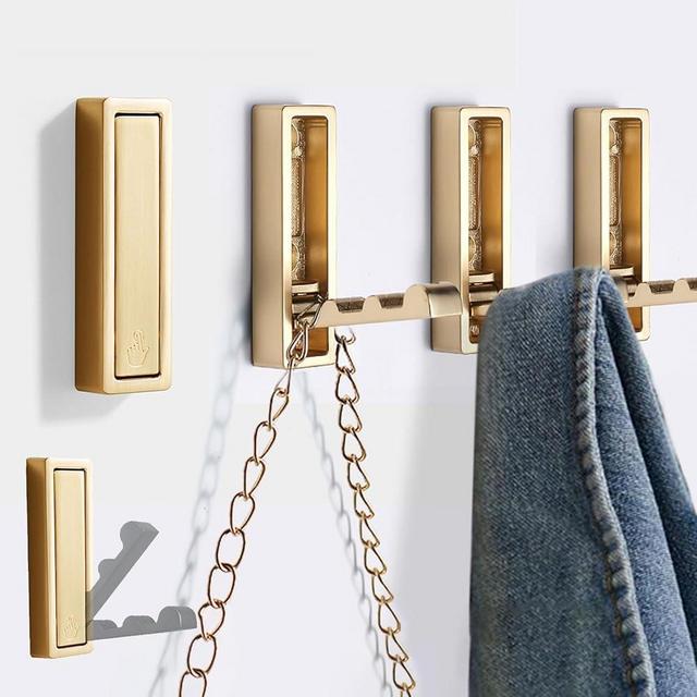 macikwon Foldable Gold Wall Hooks,Heavy Duty Wall Hooks for Hanging Coats Towels Backpacks Bags Brushed Gold Towel Hooks in The Bathroom,Closet,Entryway,Pool and Kitchen.(Gold, 4)