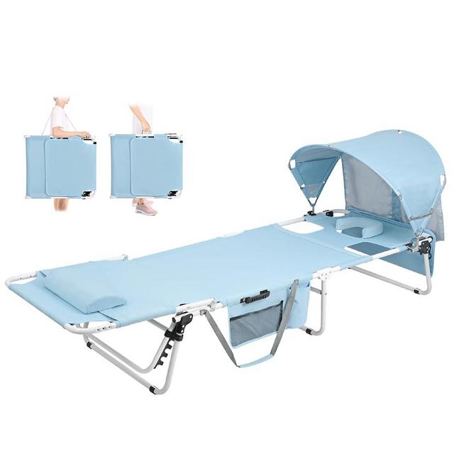 Minndudu Tanning Chair with Sun Canopy Face Hole, Heavy Duty Folding Chaise Lounge Chair 5 Position Reclining for Adults Outside Reading Sunbathing Poolside Camping Beach, UPF 50+ Sun Shade, 300 LBS