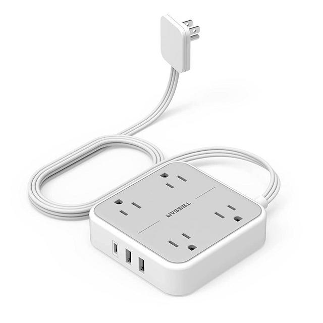 Flat Plug Power Strip, TESSAN 5 ft Ultra Thin Extension Cord with 3 USB Wall Charger(1 USB C Port), 4 Outlets Slim Desk Charging Station Compact for Travel, Cruise Ship, and Dorm Room Essentials