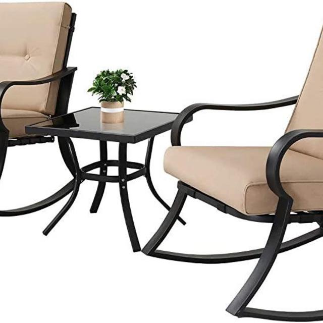 Oakmont Outdoor Furniture 3 Piece Bistro Set Rocking Chairs and Glass Top Table, Thick Cushions, Black Steel (Beige)