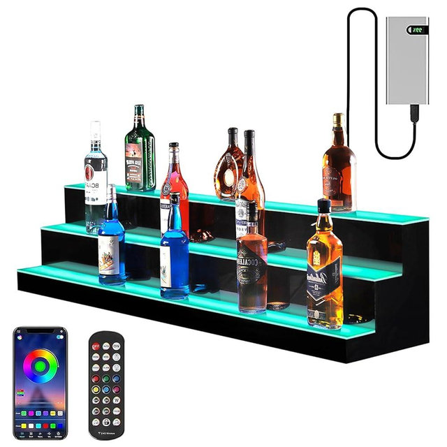 MESAILUP LED Lighted Liquor Bottle Display Shelf 60 Inch 3 Step Bar Liquor Bottle Shelf Supports Power Bank Commercial Lighting Shelves with Remote & App Control(3 Tier, 60 inch)