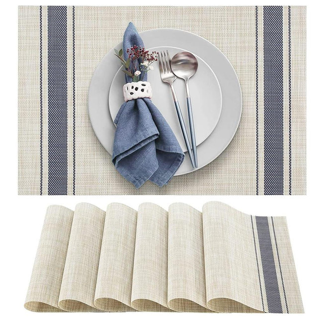 DACHUI Placemats Set of 8, Soft & Elegant Woven Vinyl Place Mats, Water Resistant, Heat Resistant, Washable, Durable Table Mats (Blue Stripes)