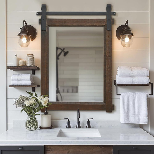 Besdomus Farmhouse Barn Door Mirror, 22"x30" Brown Rustic Bathroom Mirror, Wood Frame Wooden Wall Mirror for Living Room Bedroom Entryway Bathroom Wall Décor