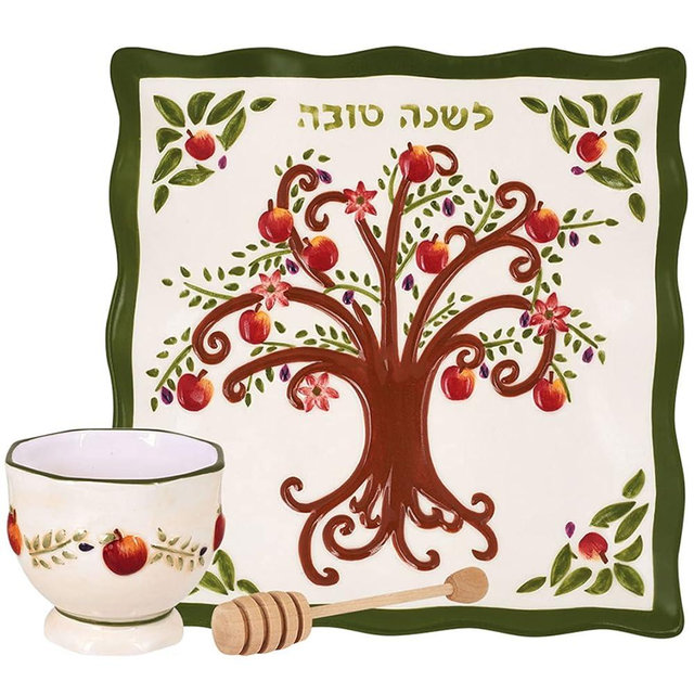 Aviv Judaica Rosh Hashanah Honey Plate Painted Apple Tree of Life Shana Tovah with Honey Bowl Dish and Honey Dipper Designed by Jessica Sporn Perfect Rosh Hashunah Platter Jewish New Year Gift