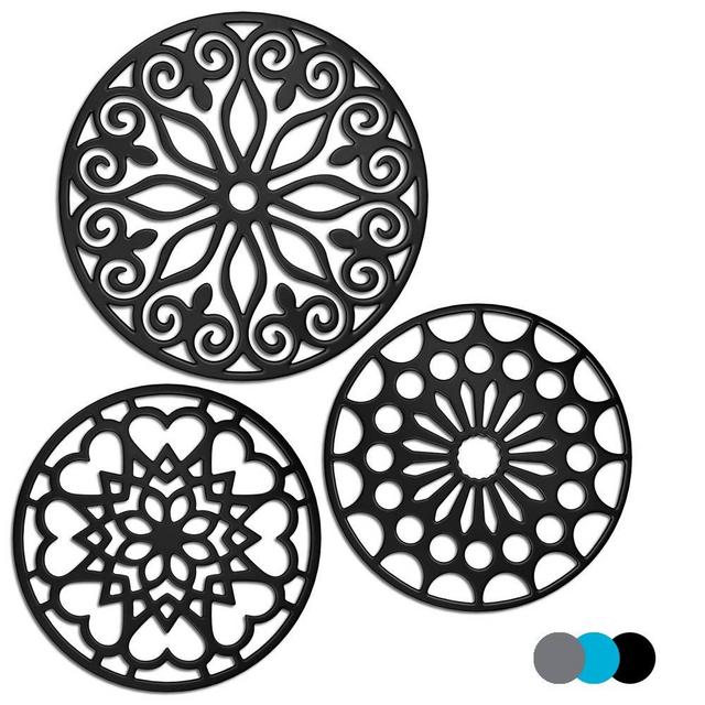 3 Set Silicone Trivet Mats With 1 Extra Large Included | Intricately Carved Insulated Flexible Durable Non Slip Thick Round Premium Trivets for Hot pots and pans | Black