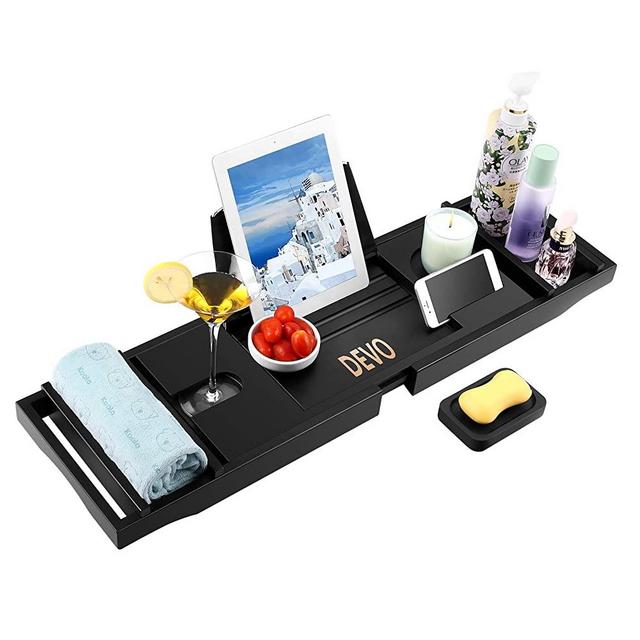 DEVO Bathtub Caddy Tray Adjustable Bamboo Wooden Bath Organizer Tray for Tub with Extending Sides, Book and Wine Holder, One or Two Person Luxury Spa or Reading, Bonus Free Soap Holder