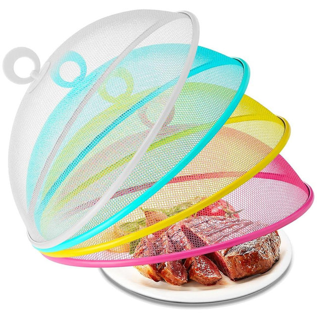 Foaincore 8 Pcs Metal Mesh Food Covers Tent Umbrella 11 Inch Outside Mesh Food Net Tents Dome Screen Plate Covers for Outdoor Picnic Camping Keep out Flies Bugs Mosquitoes (Yellow, White, Pink, Blue)