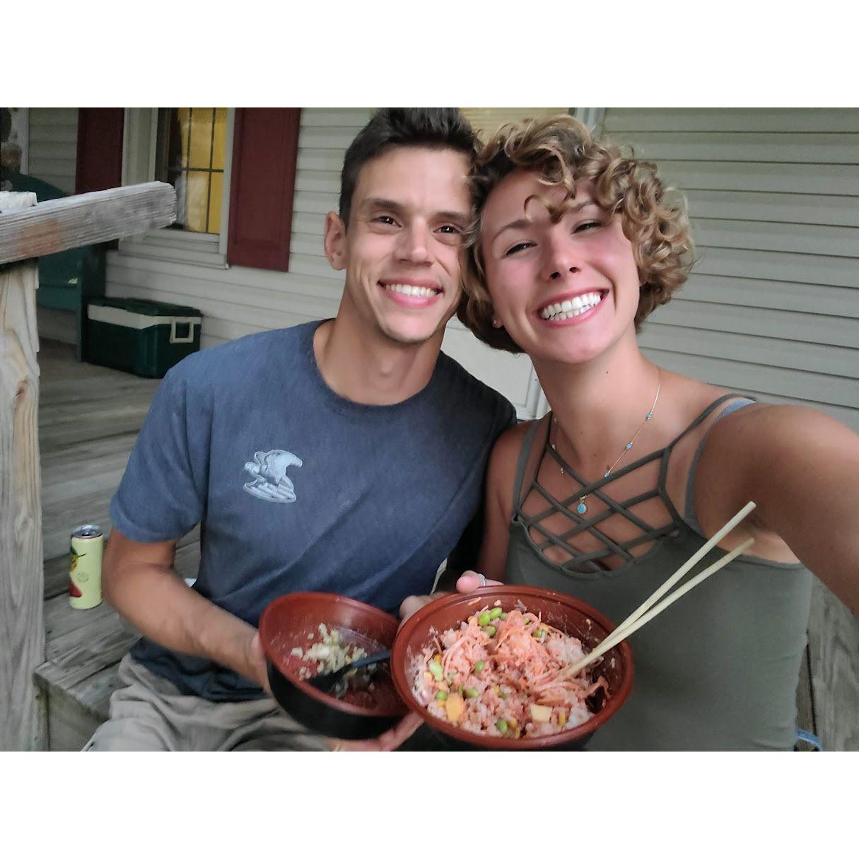 Rachel's first day living in the Lancaster area - Corban brought her Poke Bowls for dinner
