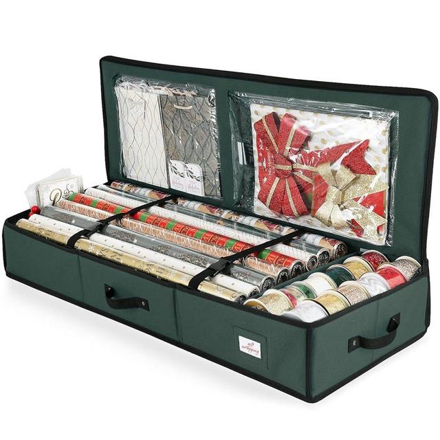 Hearth & Harbor Wrapping Paper Storage Container - Christmas Storage Bag with Interior Pockets - Gift Wrapping Organizer Storage Fits Up to 22 Rolls of 40" - Tear Proof Wrapping Paper Organizer