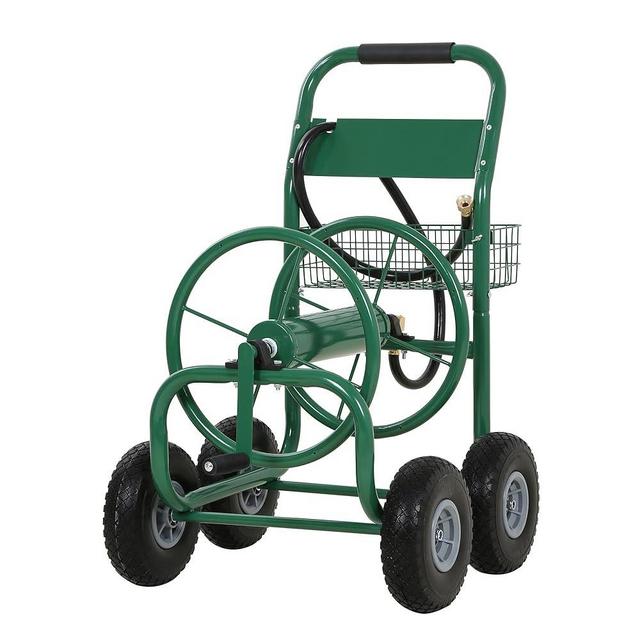 Hose Reel Hold Up To 300 Ft Heavy Duty Garden Hose Reel Sturdy Water Hose Reel Cart with 4 Wheels Storage Basket for Garden Lawn Yard Outdoor (Green)