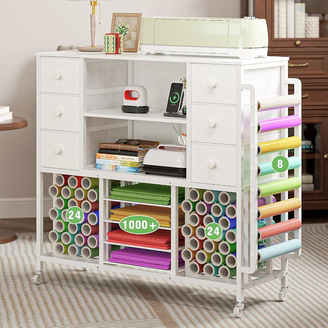 VENNQD Craft Organizer Rolling Cart Compatible with Cricut Machine Cricut Table with Charging Station 56 Vinyl Roll Holders with 6 Fabric Drawers for Accessories Organization, White