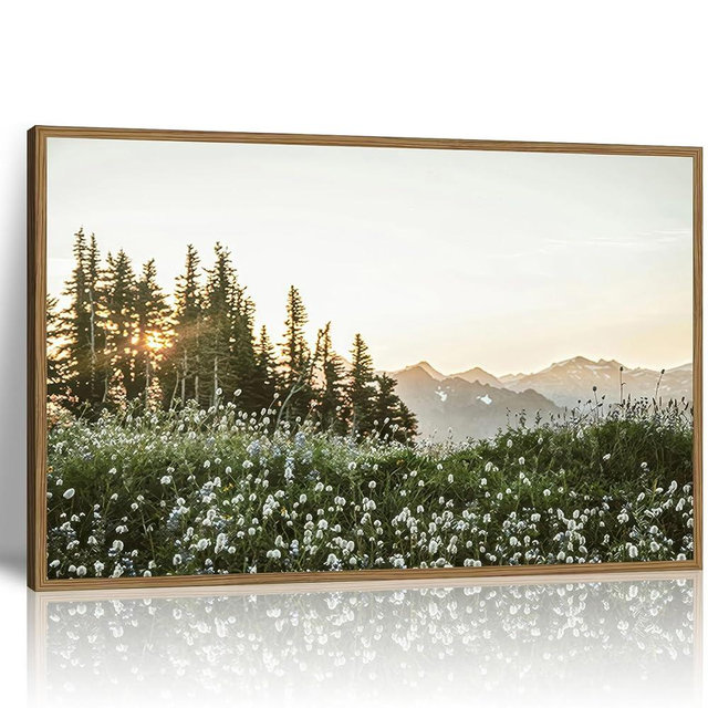 Framed Nature Forest Wildflower Wall Art Rustic Landscape Canvas Picture Prints with Botanical Mountain Sunrise Photography Picture for Living Room Bedroom Dining Room Farmhouse Deco12x16Inch