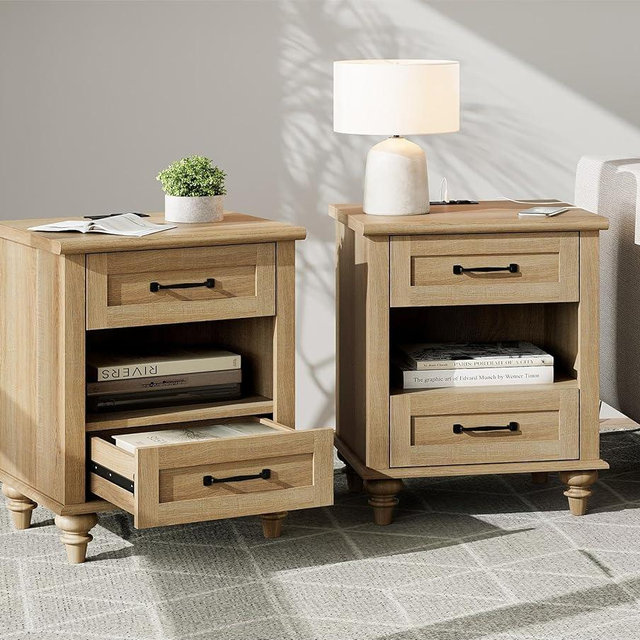 WAMPAT Set of 2 Nightstands with Drawers & Charging Station, Farmhouse Bedside Table with Open Shelf, 2 Pack Nightstands with Solid Wood Feet, Oak End Tables for Bedroom, Natural
