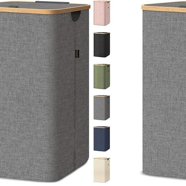 BALEINE Laundry Hamper with Lid, Tall Laundry Baskets with Bamboo Pull Handles, Large Laundry Bin with Internal Support (26 Gal/100L, Grey) (Pack of 2)