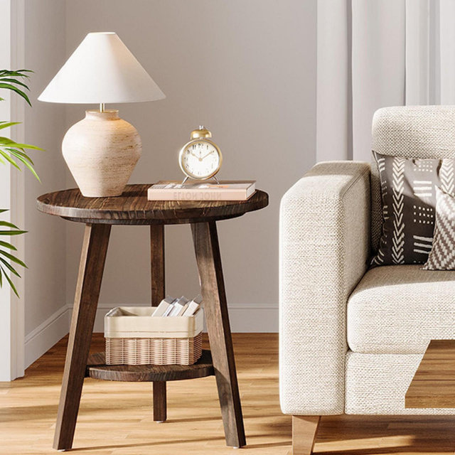 Lantine Solid Wood Round End Table with Storage Shelf, Farmhouse Sofa Side Table and Nightstand for Living Room and Bedroom, Dark Brown, Easy Assembly