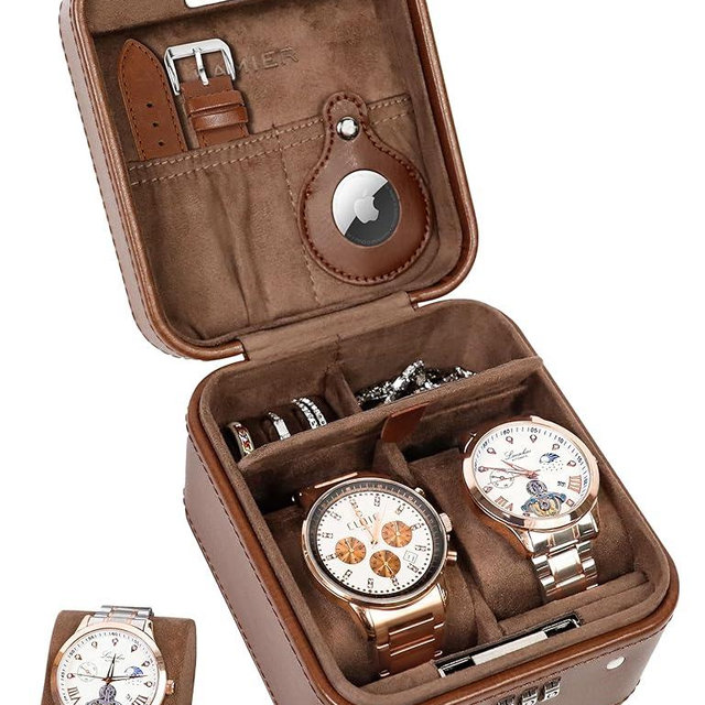 KAMIER Watch Travel Case with Combination Lock - 2 Watch Storage and Jewelry Organizer - Watch Case for Ring and Watch Storage, PU Leather Travel Watch Case, Ideal for Gift (With Gift Box) (Brown)