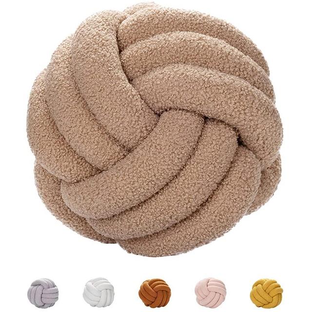 Soft Knot Pillow Ball Round Cushion Pillows, Lamb Wool Boucle Circular Ball Pillow Decorative Throw Pillows , for Sofa Car Office Lumbar Cushion Kids Bedroom Photography Props (Khaki 11'')