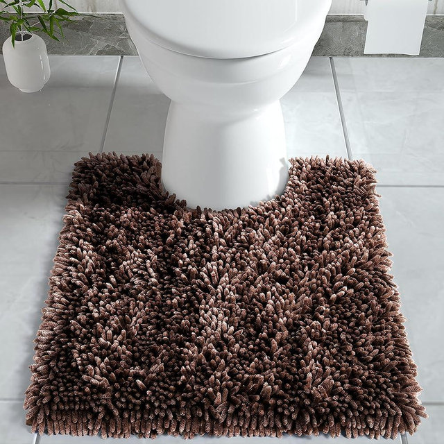 Yimobra Toilet Rugs U Shaped, Luxury Chenille Extra Thick U-Shaped Toilet Rug, Non-Slip Contour Mat for Bathroom Floor, Fluffy Soft, Absorbent Water, Machine Washable, 24.4 x 20.4 Inch, Coffe