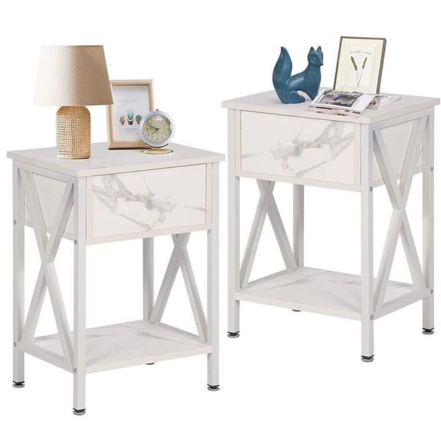 VECELO Nightstand Modern Side End Sofa Table Night Stand with Bin Drawer for Living Room Bedroom, Industrial Metal Frame, Set of 2, White