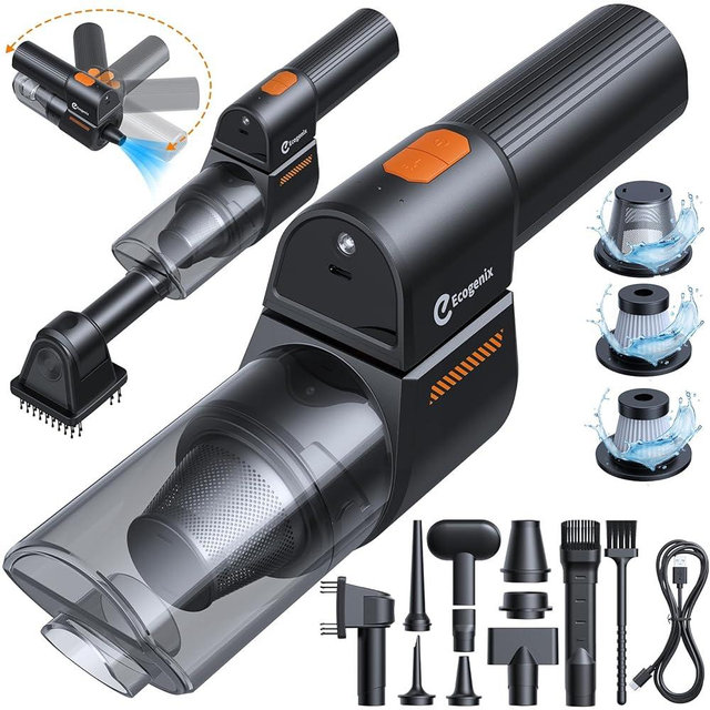 Ecogenix Car Vacuum, 5 in 1 Portable Cordless Vacuum with 23,000Pa Super Powerful Suction, 10 Attachments, 180° Foldable, LED Light, Type-C Charge, Vacuum Cleaner for Car, Home, Pet, car Accessories