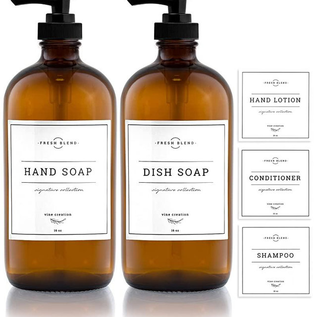 Vine Creations Amber Glass Soap Dispenser 2 Pack, Thick 16oz Glass Bottles with Black Plastic Pump, Modern Kitchen Sink and Bathroom Decor, Farmhouse Vintage Countertop Jar, with Waterproof Labels