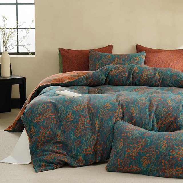 BISELINA 100% Cotton Muslin Duvet Cover Set King, 3 Pcs Yarn-Dyed Jacquard Textured Reversible Floral Design, Soft and Breathable Bedding Set with Zipper Closure, Blue Orange