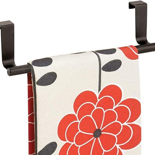 mDesign Decorative Metal Kitchen Over Cabinet Towel Bar - Hang on Inside or Outside of Doors, Storage and Display Rack for Hand, Dish, and Tea Towels - Bronze