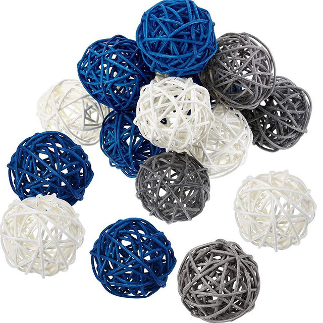 Yaomiao 15 Pieces Wicker Rattan Balls Decorative Orbs Vase Fillers for Craft, Party, Wedding Table Decoration, Baby Shower, Aromatherapy Accessories, 1.8 Inch (Blue Gray White)