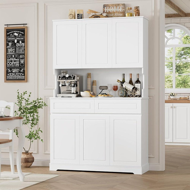 FACBOTALL 74" Pantry Cabinet, Tall Kitchen Pantry Cabinet with 6 Doors and 2 Drawers, Kitchen Hutch with Wide Countertop, Modern Kitchens Cupboard with Adjustable Shelves and Charge Holes, White