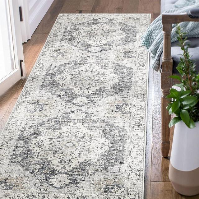 jinchan Area Rug 2x10 Runner Rug Hallway Indoor Persian Rug Vintage Rug Grey Multi Print Rug Retro Distressed Carpet Thin Rug Foldable Accent Rug Lightweight Bathroom Kitchen Living Room Bedroom