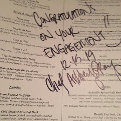 Our menu from engagement celebration at Commander's Palace.