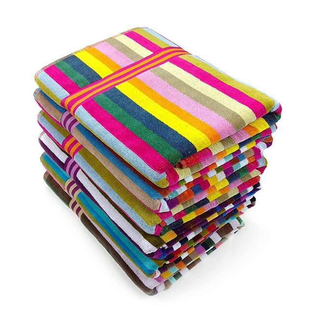 Kaufman - Assorted Colors Multi Stripes Velour Beach Towel, Oversized 32in x 62in, (6-Pack) - 100% Cotton, Plush and Absorbent Beach Towel.