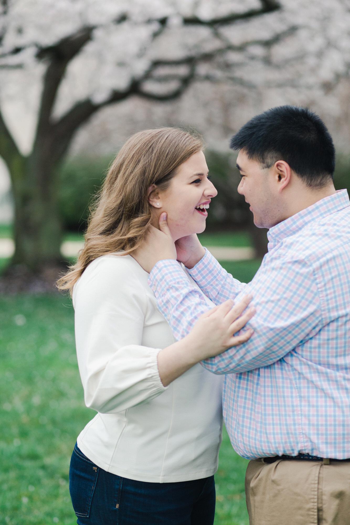 Cherry blossom engagement pictures at the Basilica of the National Shrine of the Immaculate Conception, March 2020. (Kate Grace Photography)