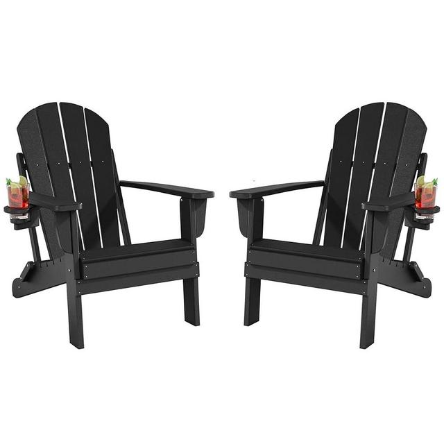 Adiromoti Folding Adirondack Chairs Set of 2, All-Weather Resistant HDPE Patio Firepit Chairs, Sturdy Outside Chairs with Cup Holder, Lawn Chairs, 80% Pre-Installed Load Capacity 385lb, Black