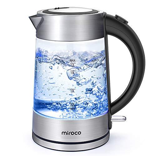 Electric Kettle, Miroco 1.7L Cordless Glass Kettle Electric Tea Kettle BPA-Free, Stainless Steel Finish, Fast Boiling with Auto Shut Off, Boil-Dry Protection, Hot Water Kettle with LED Indicator Light