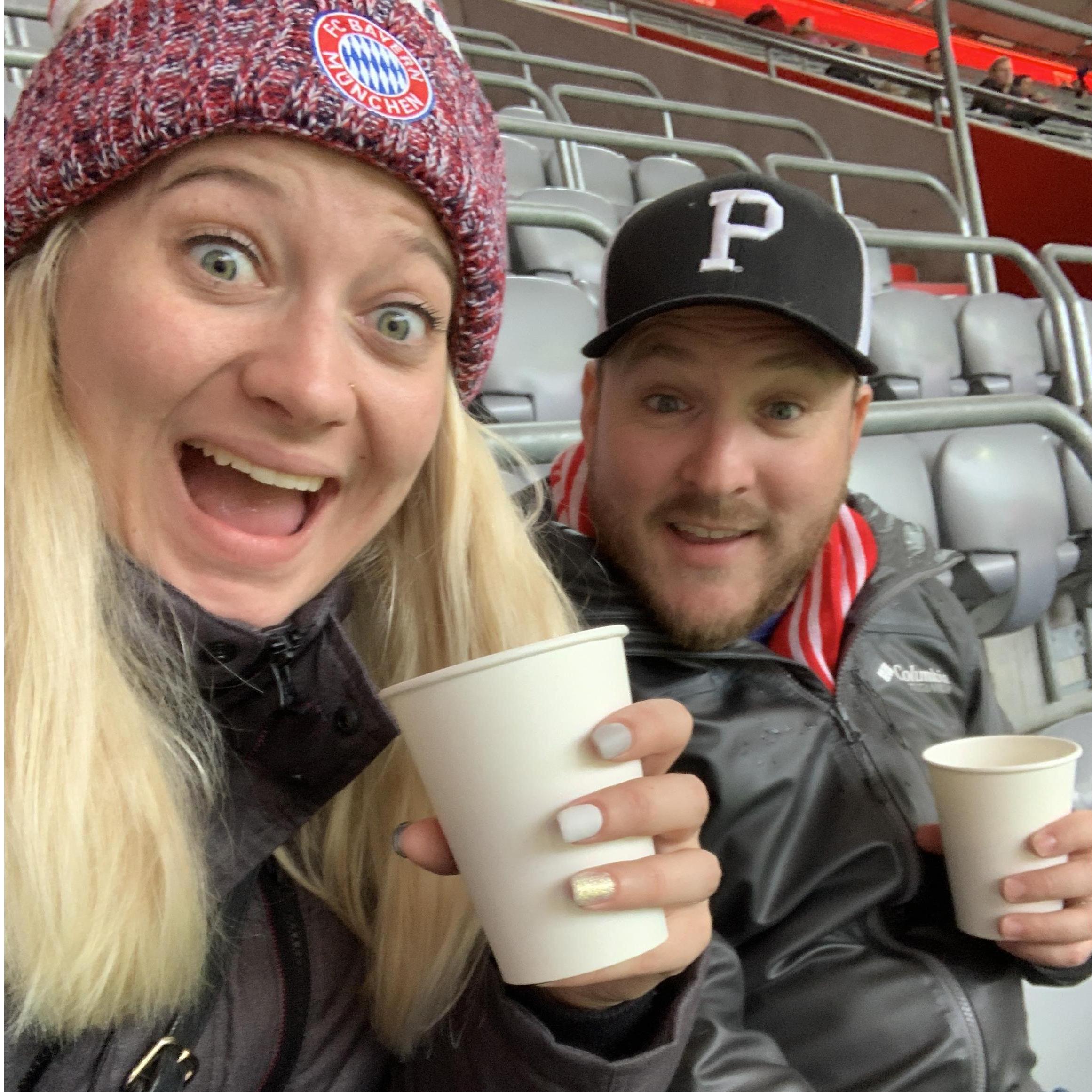 Freezing our tired asses off at a Bayern Munich match at Allianz Arena after 40+ hours of traveling to Germany! (December 2019)