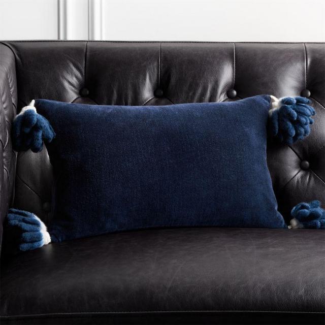 CB2 18"x12" Bia Tassel Navy Blue Velvet Pillow with Down-Alternative Insert