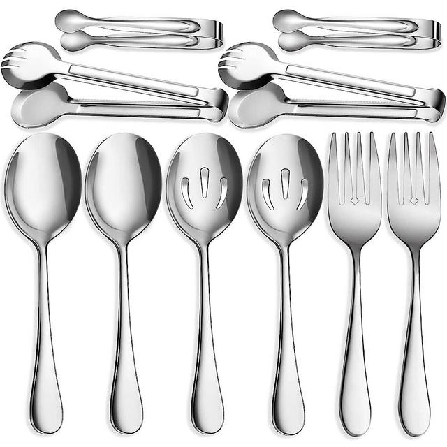 IAXSEE 10 PCS Stainless Steel Serving Utensils, Large Serving Spoons Slotted Spoons, Serving Forks, Serving Tongs, Ice Suger Tongs, Metal Utensils Set Great for Buffet Catering Banquet Party (silver)