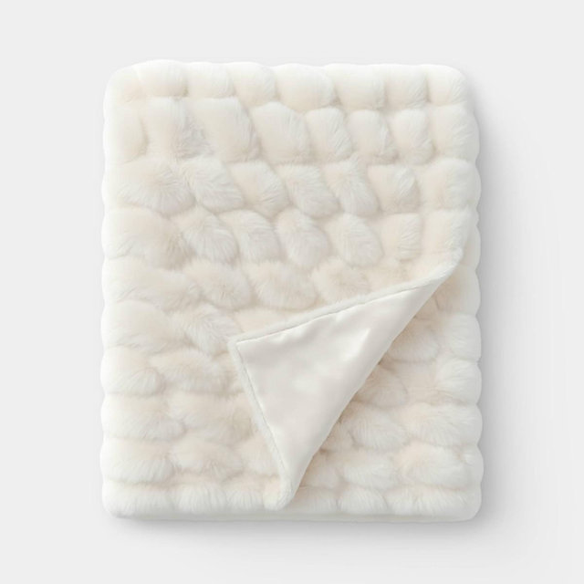 Ruched Faux Rabbit Fur Throw Blanket Ivory - Threshold™
