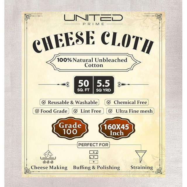 Cheese Cloths 100 Grade, 160X45 Inches - 50 Sq Feet Unbleached 100% Cotton Fabric - 5.5 Sq Yards Ultra Fine Mesh Muslin Cloth - Cheesecloth For Straining Cooking, Cheese Making, Washable & Reusable